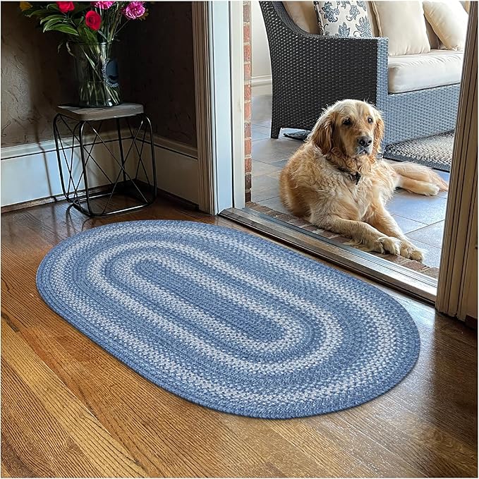Homespice 27x45” Blue Oval Braided Rug. Denim Blue and White Jute Oval Rug. Uses- Entryway, Kitchen Rugs, Bathroom Rugs. Reversible, Rustic, Country, Primitive, Farmhouse Decor Rug