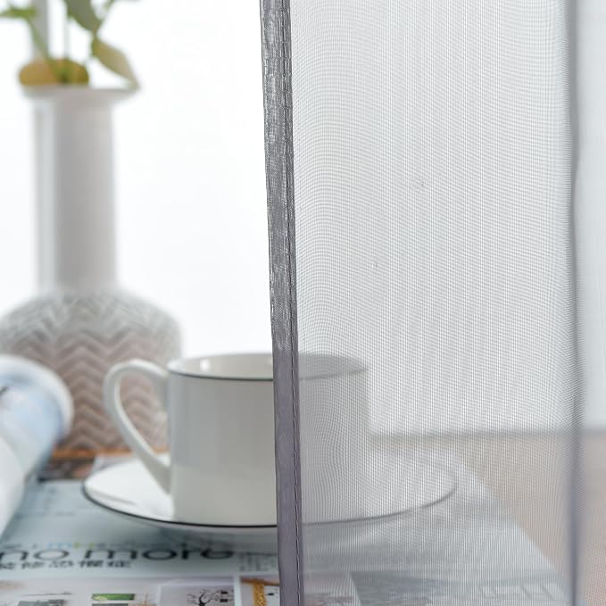youleyar Solid Sheer Rod Pocket Curtain Voile Draperies 2 Panels White Beige - Image 5