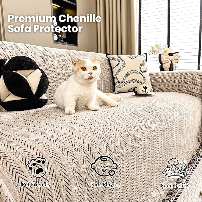 Nobildonna Sofa Cover Washable Soft Thicken Chenille Couch Cover with Tassel,Waterproof Sofa Slipcover for 3-4 Cushion Couch,Sectional Sofa,L-Shaped Furniture Protector Pet-Friendly,Brown 91"x150"