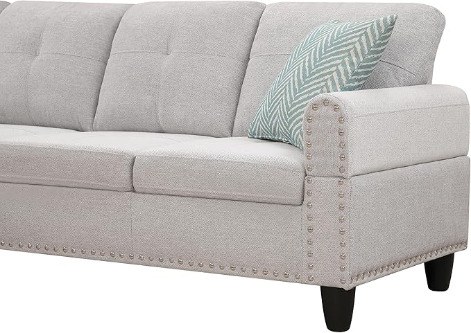 Ball & Cast 98" L Shaped Sectional Couch for Living Room with Chaise & Storage Ottoman,4 Seat Linen Upholstered Modular Sectional Sofa Set 3 PCS W/Cup Holder & Nailhead Trim,for Home,Office,Light Gray