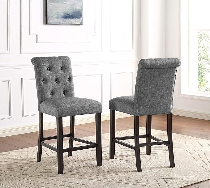 Roundhill Furniture Hendley Solid Wood Tufted Counter Height Stools, Set of 2, Gray