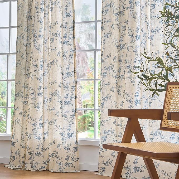 Lazzzy Farmhouse Linen Curtains Blue Floral Curtains 96 Inch Long Back Tab - Image 7