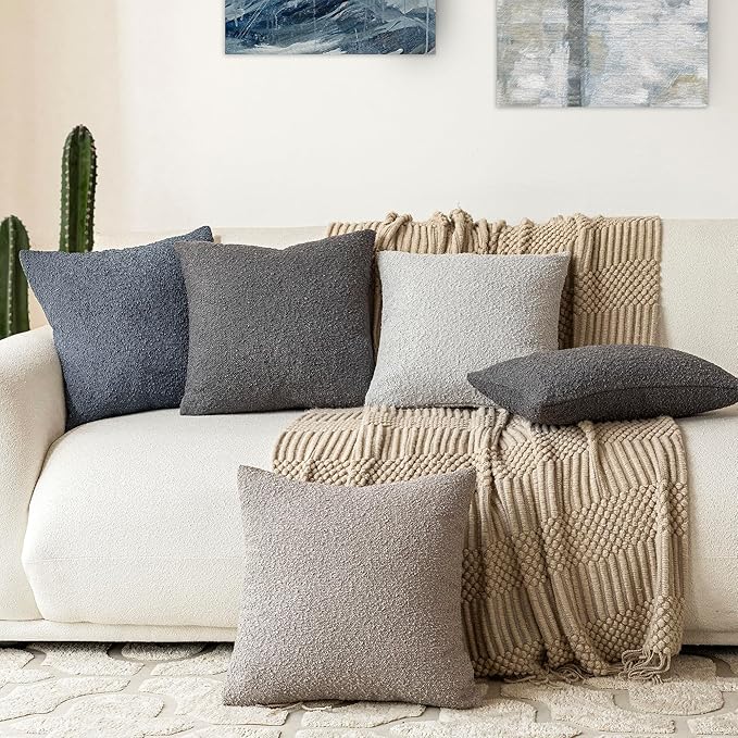 Foindtower Set of 2, Decorative Textured Boucle Throw Pillow Covers Accent Solid Pillow Cases Neutral Soft Cozy Couch Cushion Case for Chair Sofa Bedroom Living Room Home Decor 16 x 16 Inch Dark Grey