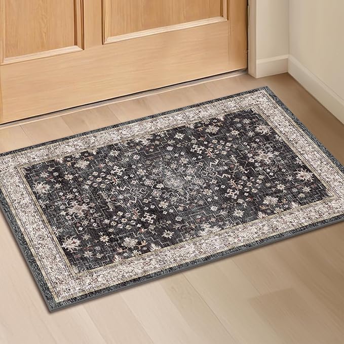 Black Washable Entry Rug, 2x3 Small Rugs for Entryway Kitchen Bathroom Door Mat Indoor Entrance, Non Slip Rubber Backing, Stain & Fade Resistant, Ashen Charcoal Floral Decor