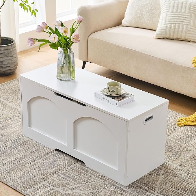 39.4" Storage Chest, Wooden Storage Bench, Storage Trunk, Chest with Lift Top, Large Box Entryway Bench, Supports 330 lb U-Shaped Opening for Entryway, Hallway, Living Room, Ivory White