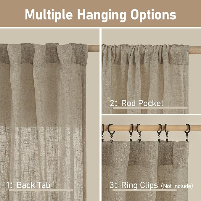 LAMIT Taupe Linen Curtains 45 Inch Length 2 Panels, Light Filtering Panels Back - Image 3