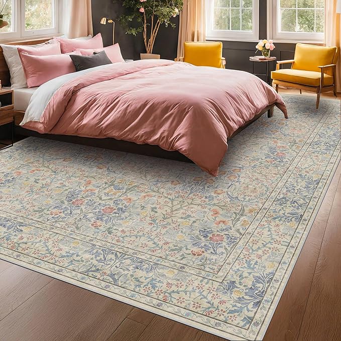 Vintage Washable Beige Blue 10x12 Rug - Image 3