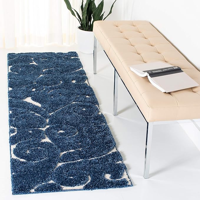 SAFAVIEH Florida Shag Collection Runner Rug - 2'3" x 11', Dark Blue & Cream, Scroll Design, Non-Shedding & Easy Care, 1.2-inch Thick Ideal for High Traffic Areas in Living Room, Bedroom (SG455-6511)