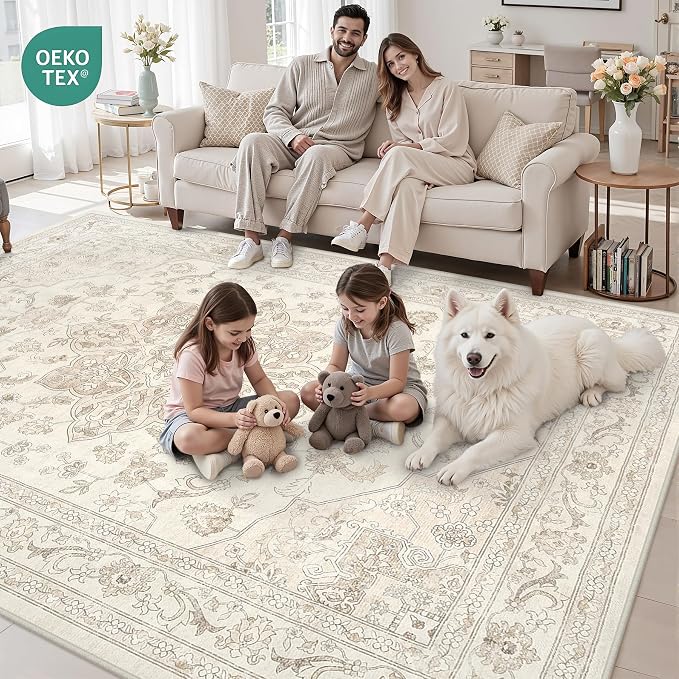 8x10 Area Rugs for Living Room: Vintage Boho Neutral Washable Rug Indoor Soft - Image 7