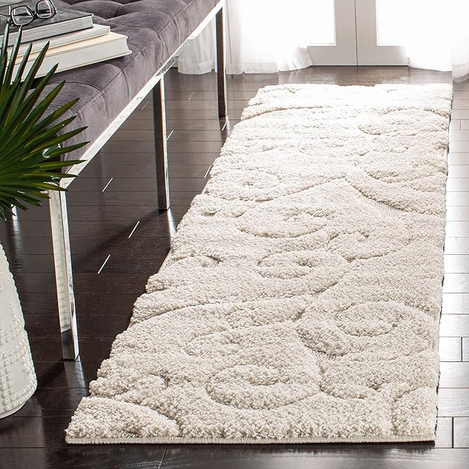 SAFAVIEH Florida Shag Collection Runner Rug - 2'3" x 11', Creme & Creme, Scroll Design, Non-Shedding & Easy Care, 1.2-inch Thick Ideal for High Traffic Areas in Living Room, Bedroom (SG455-1111)