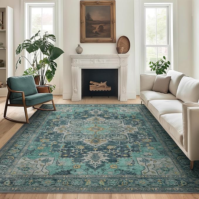 GENIMO 10x14 Area Rugs for Living Room, Machine Washable Non Slip Vintage Rugs, Low Pile Lightweight Chenille Print Rug for Bedroom, Dining Room, Home Office, Dark Green