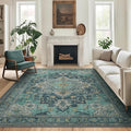 GENIMO 7'6''x9'6'' Area Rugs for Living Room, Machine Washable Non Slip Vintage Rugs, Low Pile Lightweight Chenille Print Rug for Bedroom, Dining Room, Home Office, Dark Green