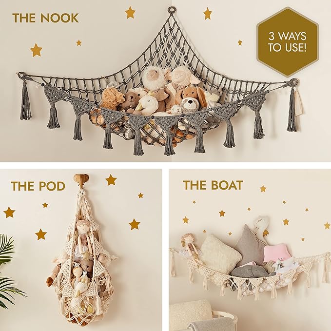 Macrame DreamLights Boho Stuffed Animal Storage Net Hammock Extra Large Plush Toy Storage Holder For Small Or Large Plushies BLACK