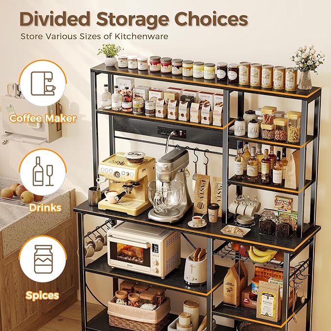 SUPERJARE Larger Bakers Rack with Power Outlets, 6-Tier Microwave Stand, Coffee Bar with 12 S-Shaped Hooks, Kitchen Shelf with Wire Basket, 47.2 x 15.5x 66.9 Inches, Black