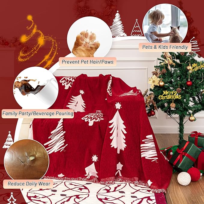 MYSKY HOME 71X102 inches Chair Christmas Couch Cover, Sectional Sofa Covers Sofa Slipcover for 1 Cushion Couch, L Shape Couch Covers for Dogs, Kids, Washable Sofa Blanket, Furniture Protector, Red