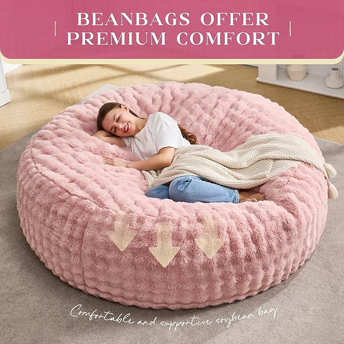 Hobestluk Bean Bag Chairs 6ft Beanbag Chair with Filler Adult Bean Bags with Fluffy & Machine Washable Cover, Giant Bean Bag Chairs for Aduts (Pink, 6FT-70" x 70" x 15")