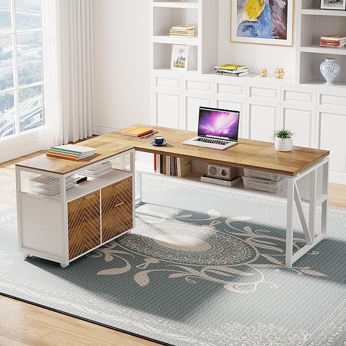 Tribesigns L Shaped Desk with Drawer,63" Executive Computer Desk and lateral File Cabinet, 2 Piece Home Office Furniture for Hanging File, Cabinet with Doors (Walnut, 63-inches)
