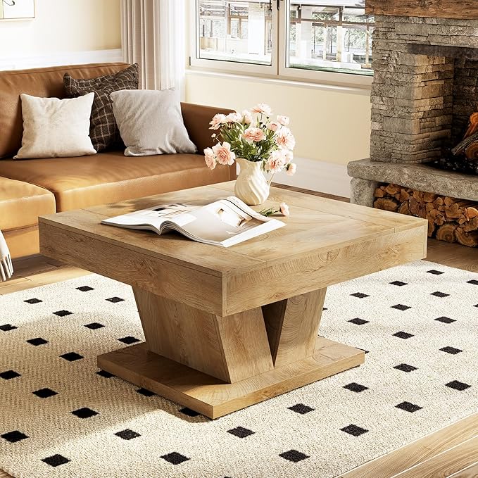 LITTLE TREE Square Coffee Table, Modern Rustic Coffee Table for Living Room, Wooden Table with Adjustable Feet, Oak
