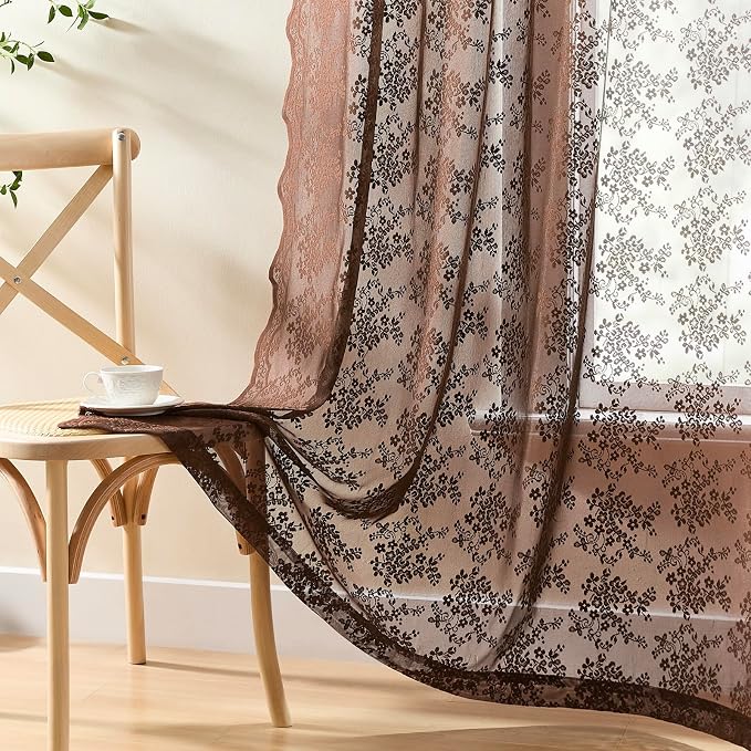YJ YANJUN Vintage Lace Curtains 72 Inches Long- Country Brown Floral Curtains - Image 4