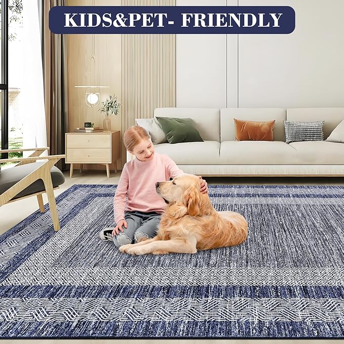 Washable 2.5x10 Kitchen Runner Navy Blue Rug, Easy Clean Geometri Rugs - Image 7