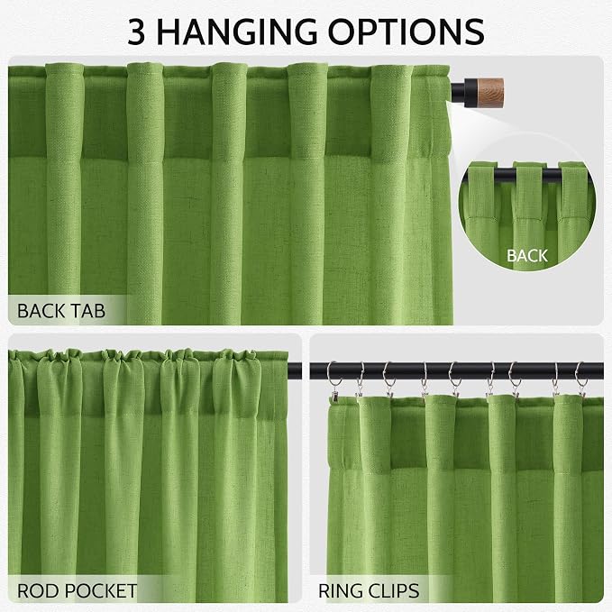Nanspring Lime Green Linen Blend Light Filtering Back Tab Curtains 108 Inches - Image 3