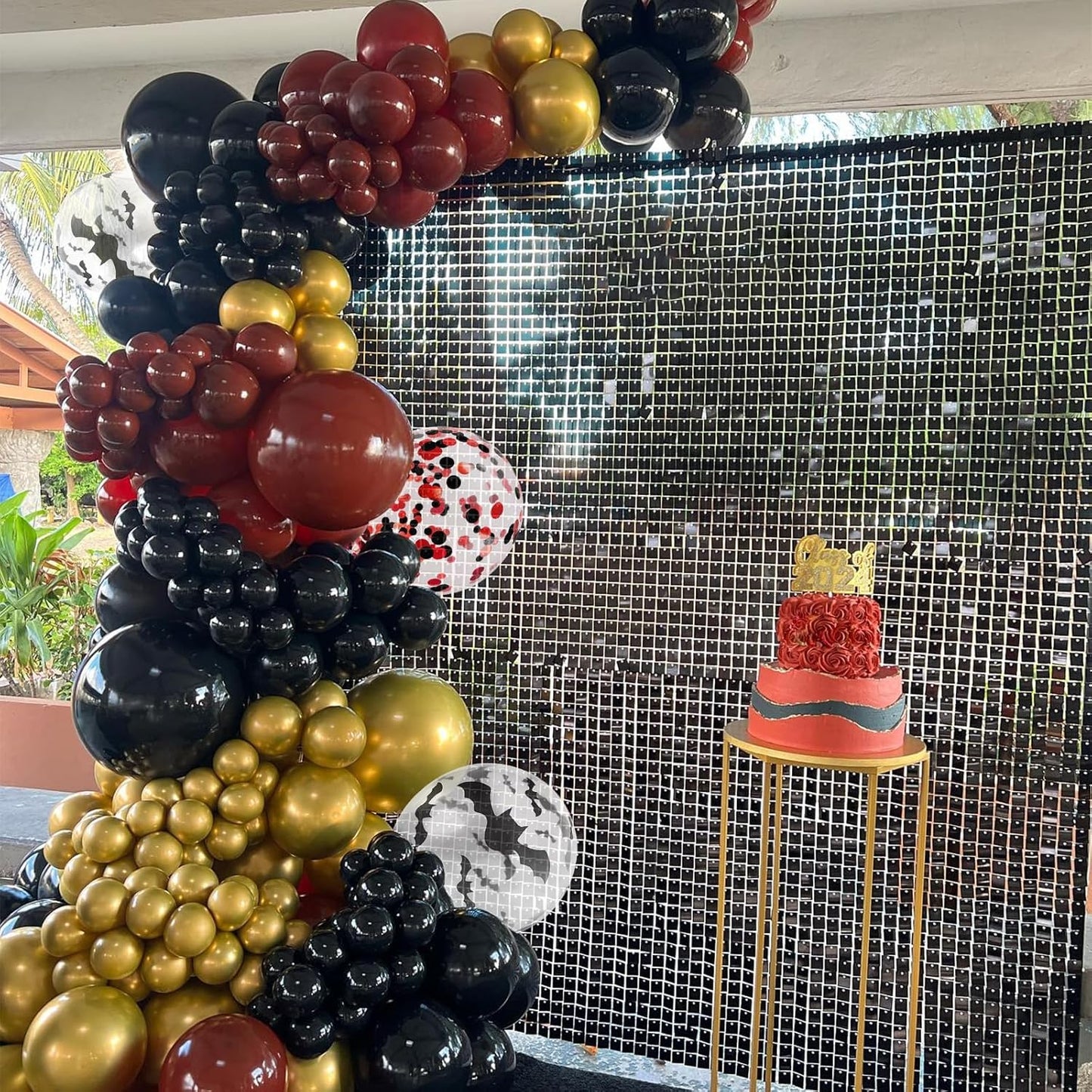 Black Burgundy Balloons, 52 PCS Burgundy Gold Balloons, 12 Inch Red Black Latex Balloon with Confetti Bat Printed Balloon for Kids Party Decorations