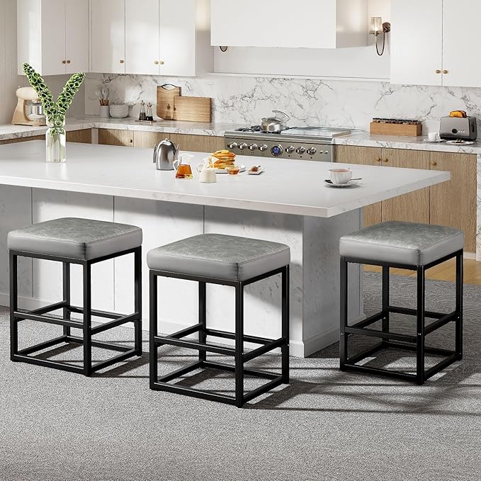 Counter Height Bar Stools Set of 2, 24" Barstools for Kitchen Countertop, Faux Leather Counter Stools with Thick Square Seats & Sturdy Metal Base, Simple Assembly, Gray