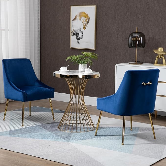 Modern Velvet Dining Chairs Set of 2, Contemporary Upholstered Furniture Collection with Polished Gold Metal Legs, Elegant Accent Chairs for Kitchen Living Room(Blue)