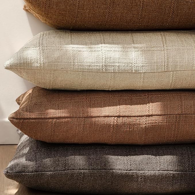 Foindtower Set of 2 Decorative Linen Check Throw Pillow Covers Neutral Farmhouse Vintage Cushion Covers Modern Boho Home Decor for Sofa Chair Couch Bedroom Living Room Outdoor,16×16 Inch,Autumnal Red
