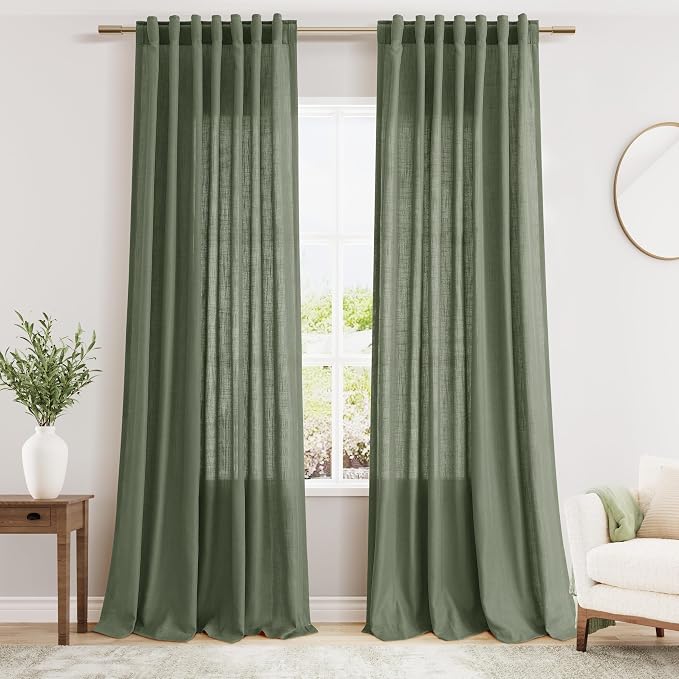 Nanspring Olive Green Linen Sheer Curtains by Nanspring