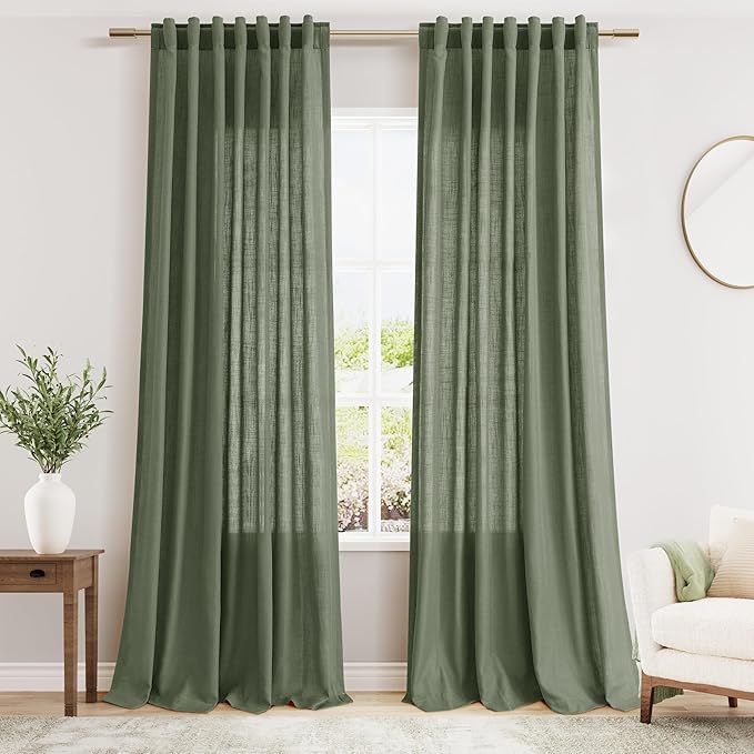 Nanspring Olive Green Linen Sheer Curtains by Nanspring