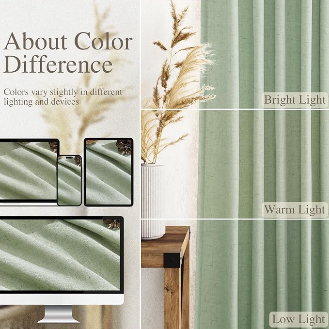 Nanspring Mist Sage Linen Curtains Semi Sheer 96 Inches Long 2 Panels Set - Image 3