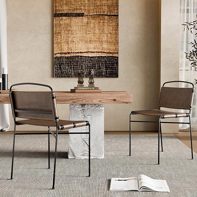 Mid-Century Modern Dining Chairs Set of 2, Brown PU Faux Leather Dining Chair Armless Dining Room Chairs with Black Metal Legs, High-End Stylish Kitchen Restaurant Dining Chairs