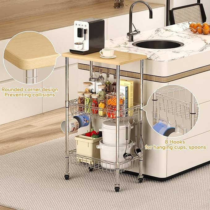 Rolling Kitchen Storage Cart, 3-Tier Storage Rack on Caster Wheels with Adjustable 2 Baskets, Coffee Station Cart Rack Shelf Organizer for Living Room Office, Balcony, Chrome/Silver