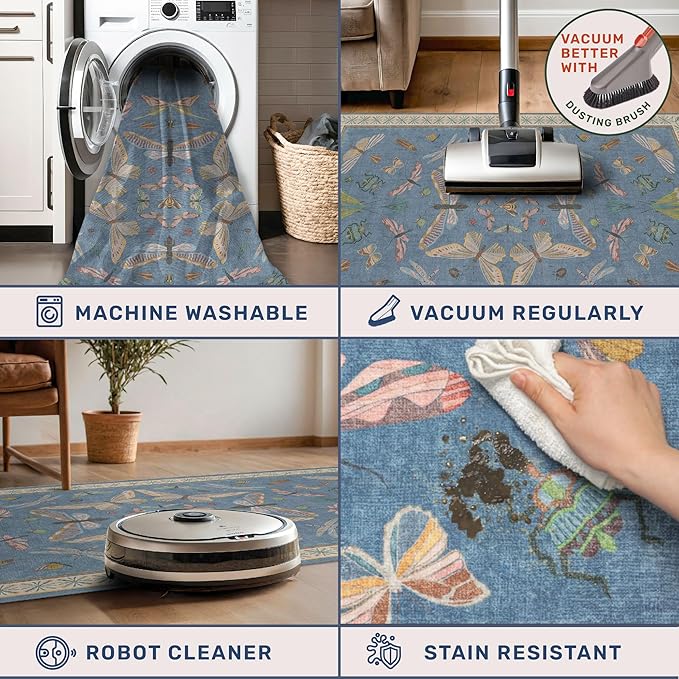 Washable Living Room Rug 8x10, Dusty Blue Area Rugs - Image 4