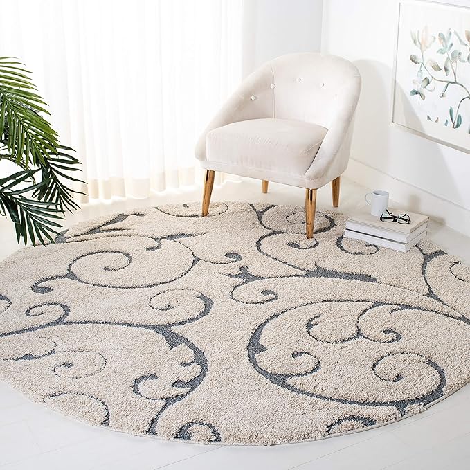 SAFAVIEH Florida Shag Collection 8' Round Beige/Blue Grey SG455 Scrolling Vine Graceful Swirl Textured Non-Shedding Living Room Bedroom 1.2-inch Thick Area Rug