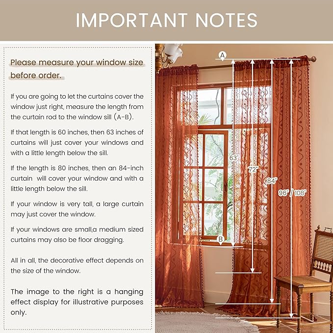 WAZZIO Boho Lace Curtains 72 Inch 2 Panels-Vintage Sheer Panel Drape Floral - Image 9