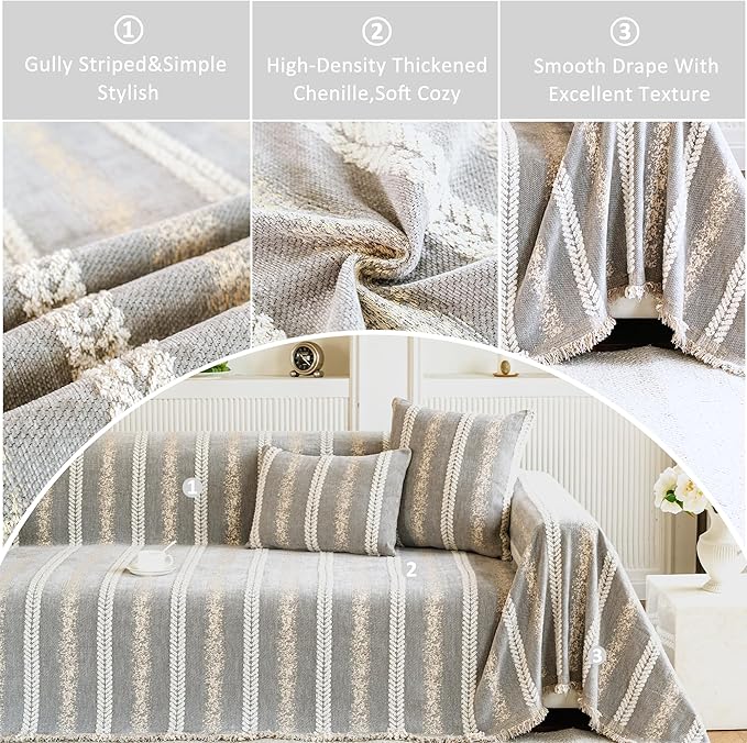 Couch Cover for Dogs Washable Sofa Cover, Sectional Couch Covers, Sofa Covers for 2 Cushion Couch, Non Slip Stripe Sofa Slipcovers Furniture Protector, Couch Protector from Cat Claws, Light,71''x134''
