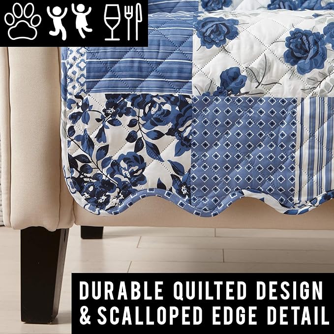 Great Bay Home Patchwork Scalloped Printed Furniture Protector Stain Resistant Loveseat Cover (Loveseat, Navy)