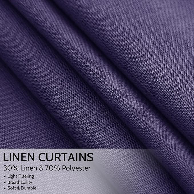 Nanspring Purple Linen Blend Light Filtering Back Tab Curtains 108 Inches Long - Image 2