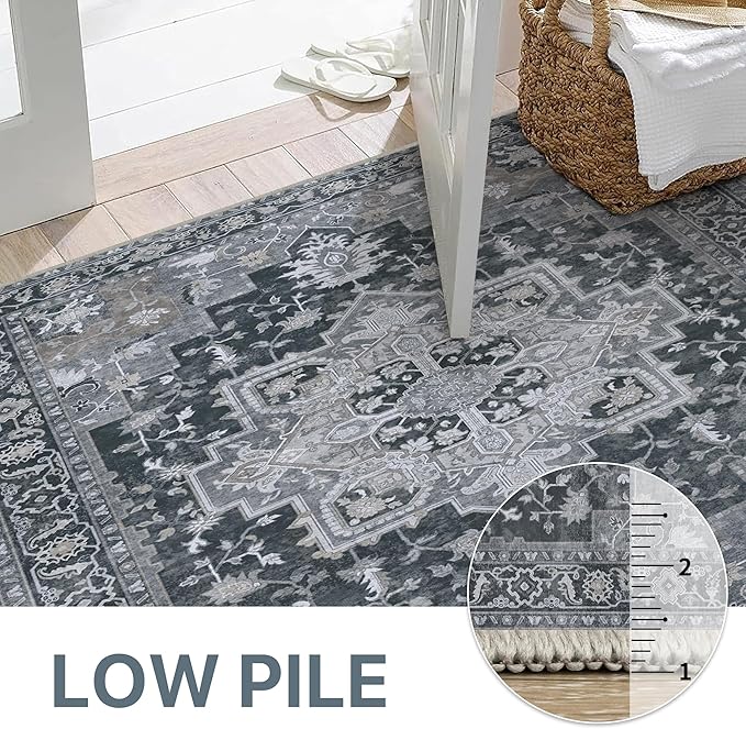 GENIMO 10x12 Area Rugs for Living Room, Machine Washable Non Slip Vintage Rugs, Low Pile Lightweight Chenille Print Rug for Bedroom, Dining Room, Home Office,Dark Gray