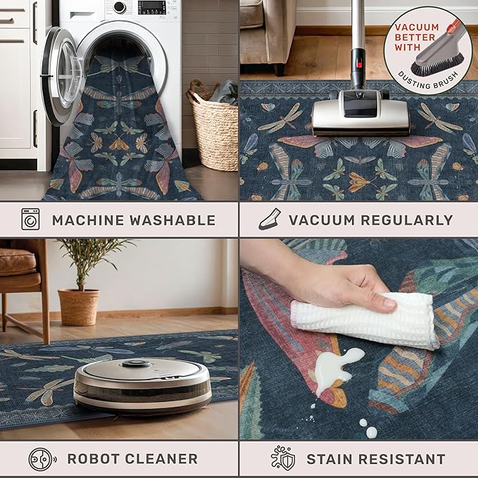 Dark Blue 2x3 Small Rugs for Bathroom Non Slip, Washable Vintage Boho Insect - Image 4