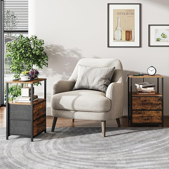 TUTOTAK End Table with Charging Station, Side Table with 2 USB Ports and Outlets, Nightstand with Cloth Drawer, Set of 2, Couch Table, Brown TB01BB052