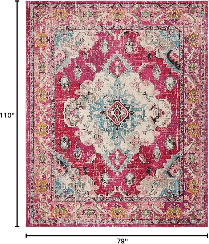 SAFAVIEH Monaco Collection Area Rug - 6'7" x 9'2", Pink & Multi, Boho Chic Medallion Distressed Design, Non-Shedding & Easy Care, Ideal for High Traffic Areas in Living Room, Bedroom (MNC243D)