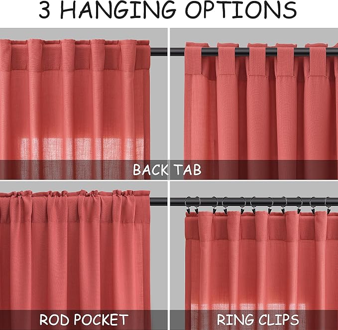 Nanspring Watermelon Red Linen Curtains 84 Inch Length 2 Panels Set, Back Tab - Image 3