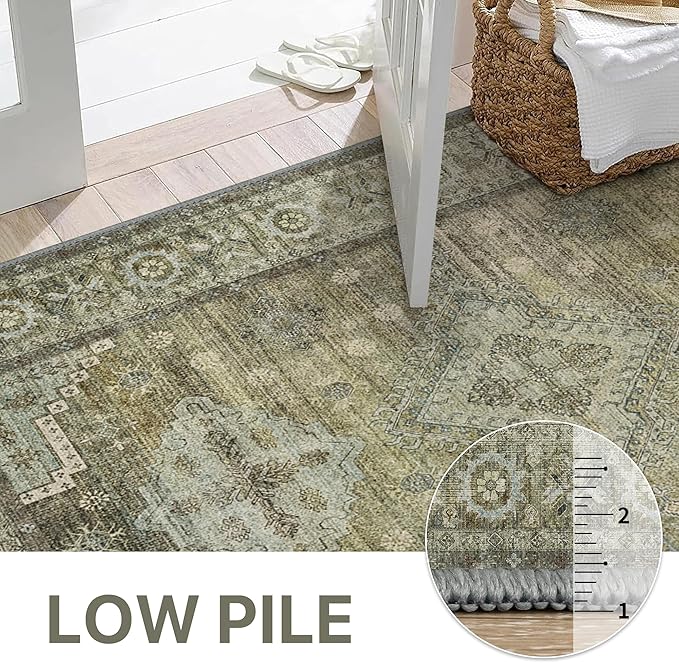 GENIMO Runner Rug 2x6 Non Slip Machine Washable Vintage Hallway Runner Rugs, Low Pile Lightweight Mat for Living Room, Entryway, Bedroom, Kitchen and Corridor, Distressed Sage