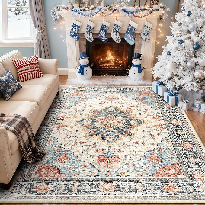 Area Rugs 5'x7' Washable Non-Slip, Floral Vintage Distress Print Pattern - Image 2