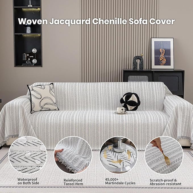 Nobildonna Sofa Chair Cover Waterproof Soft Thicken Chenille Cushion Couch Cover with Tassels,Washable Sofa Slipcovers for Armchair Recliner Sectional Furniture Protector, Beige 71"x71"