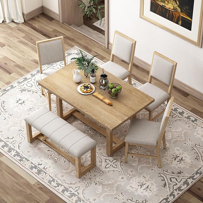 Ball & Cast 6-Piece Dining Table Set for 6 People, 60" Wood Dining Kitchen Table & Chairs Set, Dining Room Table with Upholstered Chairs and 1 Bench, Perfect for Dining Room, Kitchen,Natural