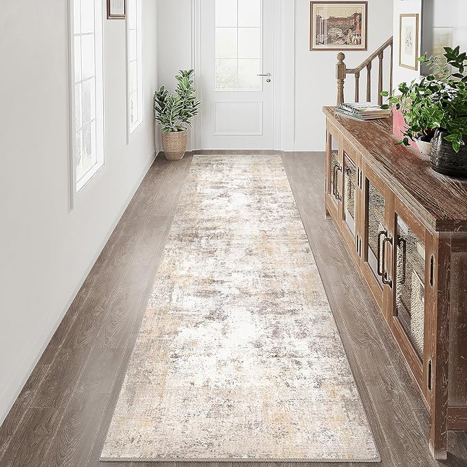 2x12 Washable Runner Rug Beige Grey Neutral Abstract Hallway Kitchen Living Room Bedroom Non Slip Throw Rug Soft Low Pile Indoor Carpet for Entrance Laundry Bathroom